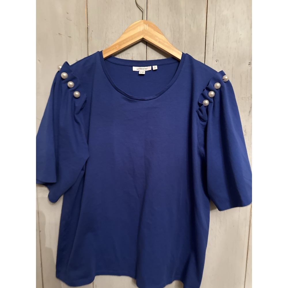 Chico's Cotton Short Pleated Sleeve Top Royal Blue Pearl Embellished Shoulder Lg